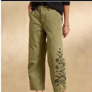 Driftwood Barbara Olive Green Embroidered Barrel Jeans 31 Cropped Floral Boho
